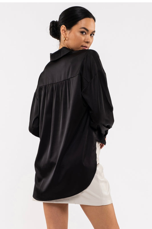 SATIN BUTTON UP-BLACK