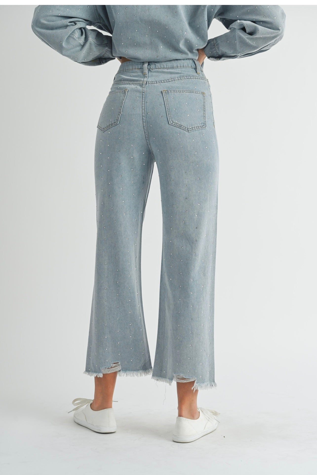 RHINESTONE HIGH RISE BOTTOM HEM DISTRESSED DENIM