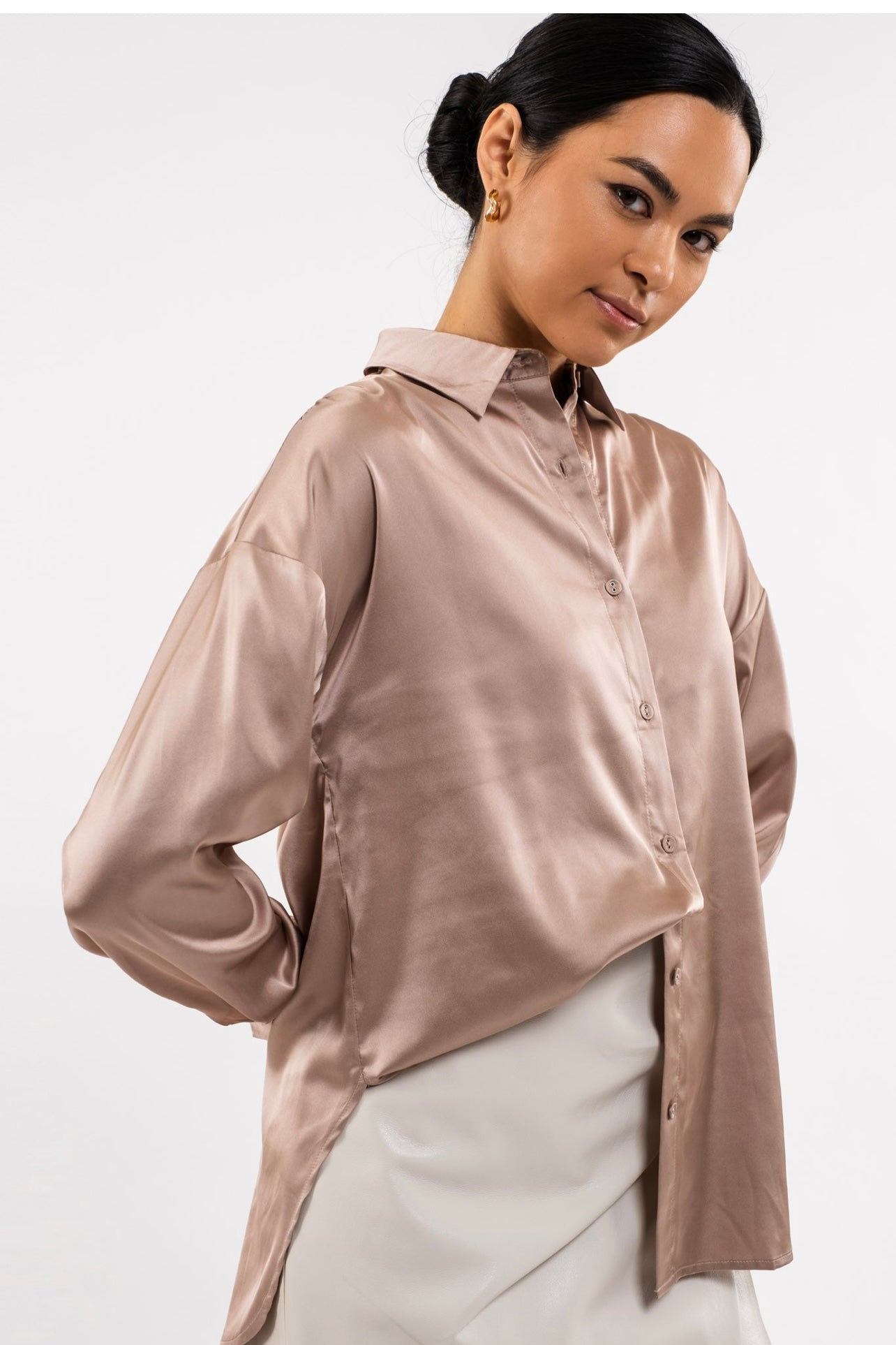SATIN BUTTON UP-LIGHT MOCHA