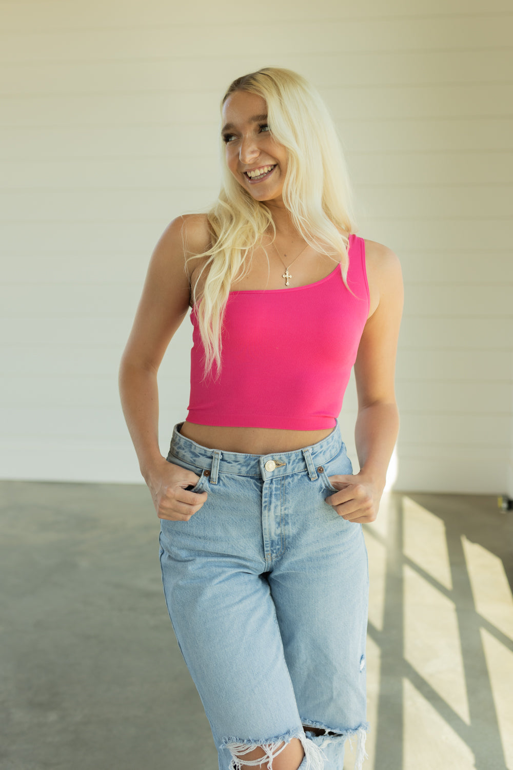 SOLID COLOR ONE SHOULDER-FUCHSIA