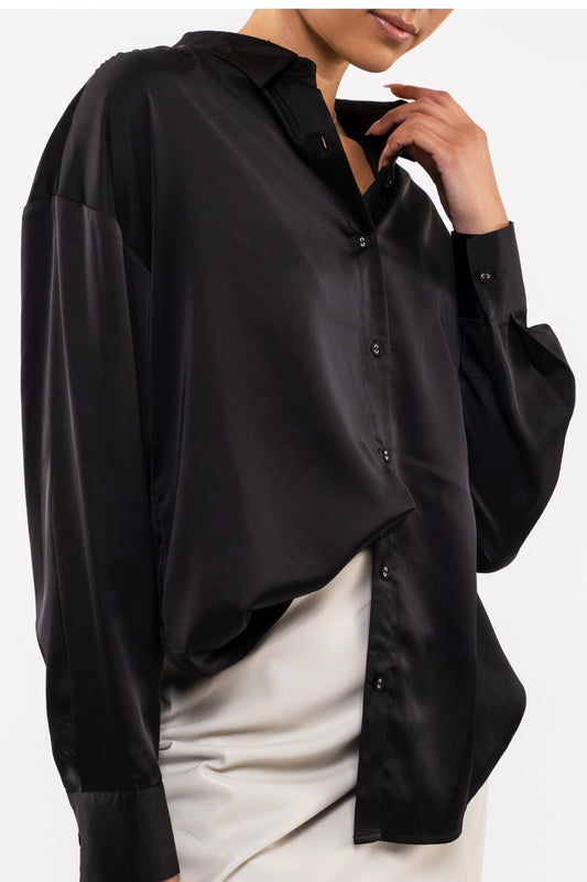SATIN BUTTON UP-BLACK