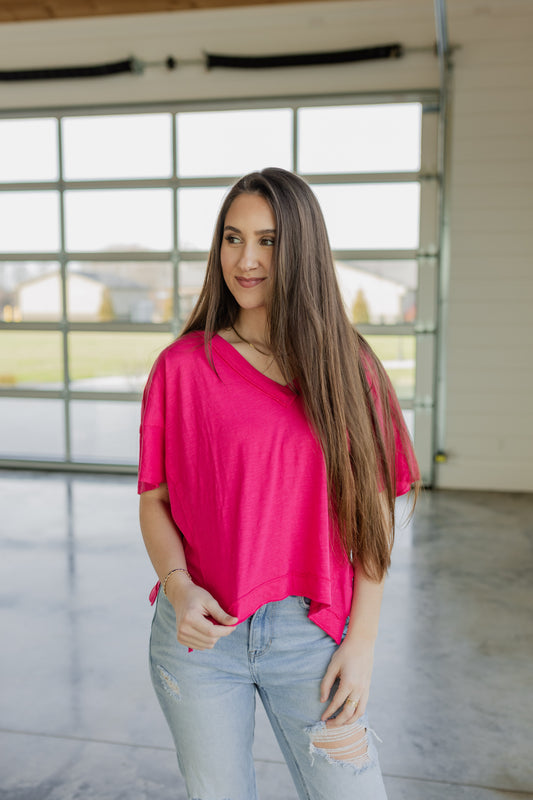 RAW EDGE OVERSIZED TEE-RASPBERRY