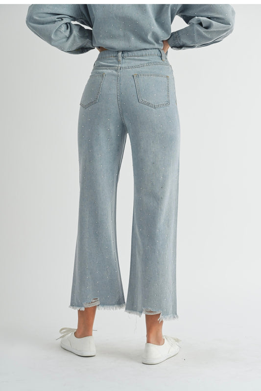 RHINESTONE HIGH RISE BOTTOM HEM DISTRESSED DENIM