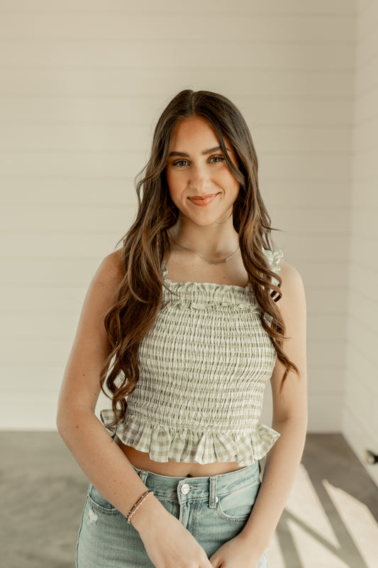GINGHAM SLEEVELESS PEPLUM SMOCKED TOP