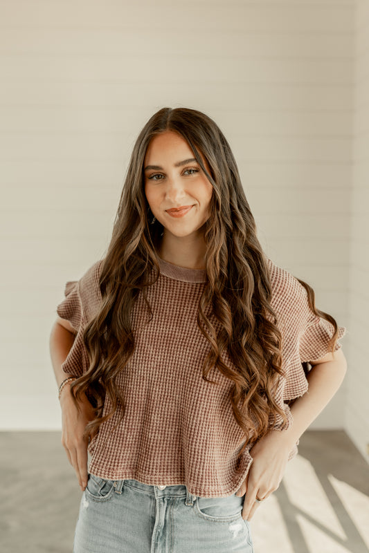 RUFFLED GARMENT MINERAL-WASHED CROPPED TEE-BURGUNDY
