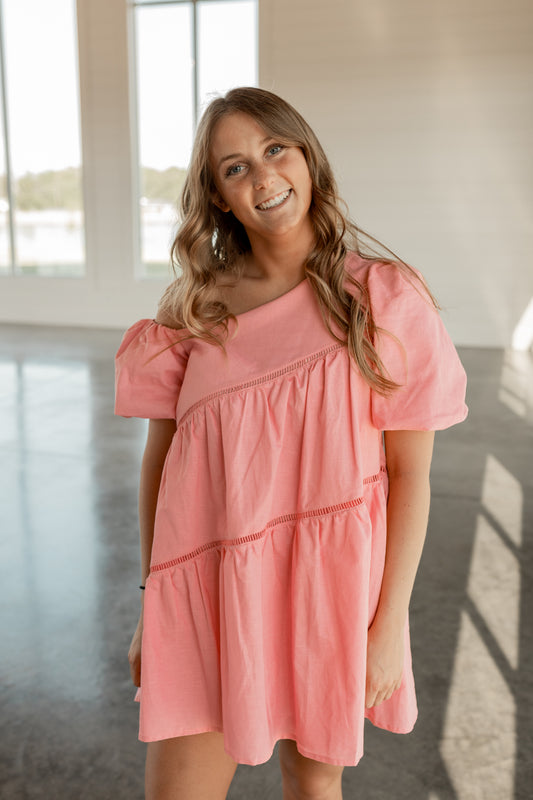 TIERED OFF SHOULDER PUFF SLEEVE LINEN DRESS