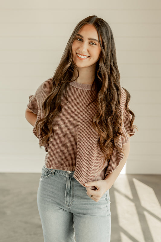 RUFFLED GARMENT MINERAL-WASHED CROPPED TEE-BURGUNDY