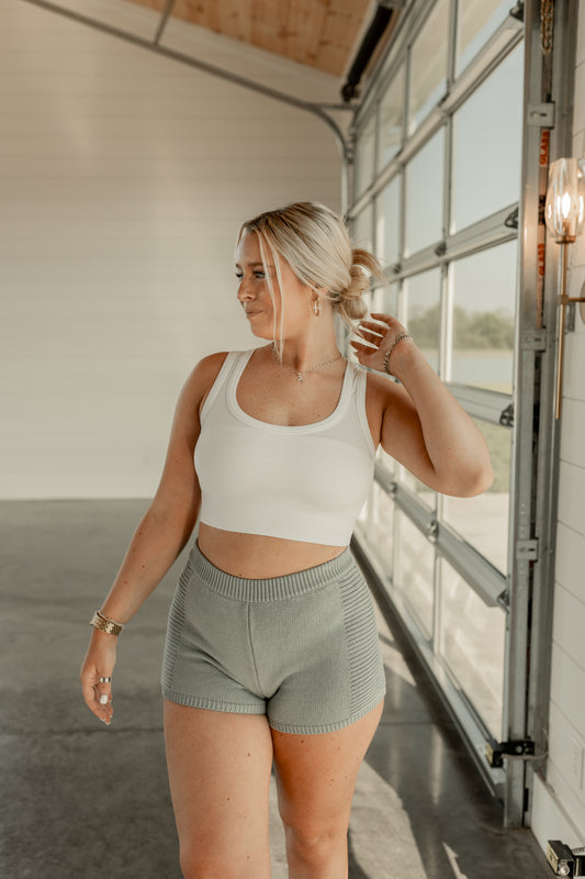 RIBBED TRIM DETAIL KNIT SHORTS-DUSTY BLUE