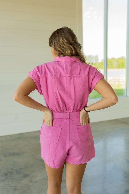 TWILL COTTON POCKET FRONT TIE ROMPER