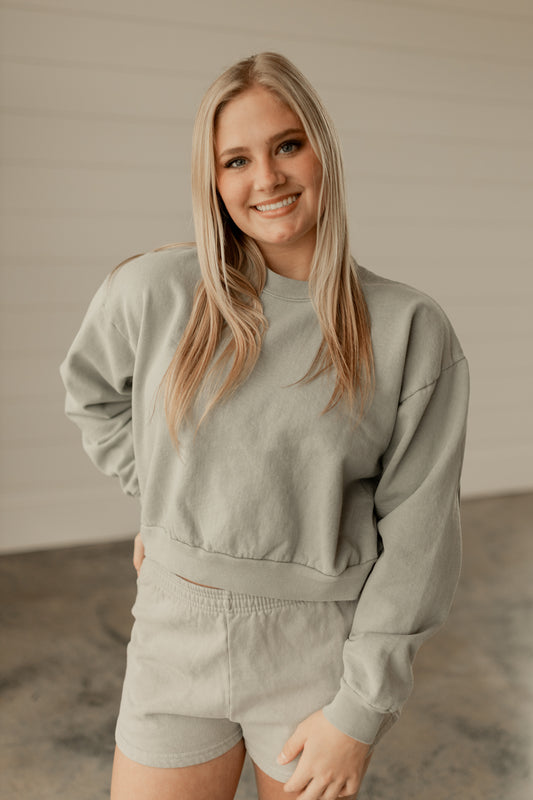 PIGMENT DYE 14 OZ. HEAVY FLEECE CROPPED MOCK NECK PULLOVER-SAGE